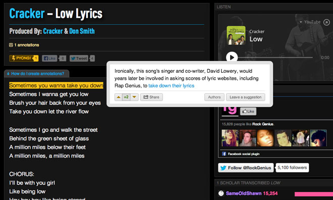 A recent annotation to a lyric from one of Lowery's songs on Rap Genius appeared to get a dig in on the rock singer.