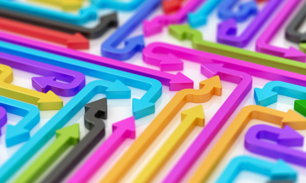 Colours arrows. Abstract 3d illustration to diverse business strategies. Brainstorming concept.