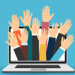 Raised hands volunteering out from laptop vector concept
