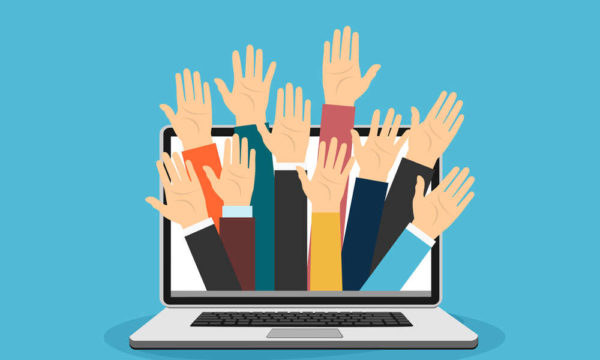 Raised hands volunteering out from laptop vector concept
