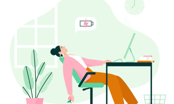 Tired woman sleeping at the desk. Work burnout, low energy at work.