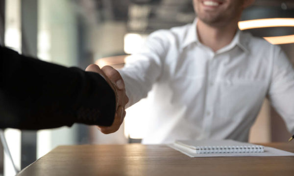 Business people handshaking, making successful deal, partnership agreement, close up, har manager greeting job applicant during interview in office, businessman shaking hand of partner at meeting