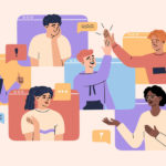 Online video call concept, virtual conference with team of remote workers, computer screen, working from home, a group of men and women colleagues have meeting, web communication. Vector illustration