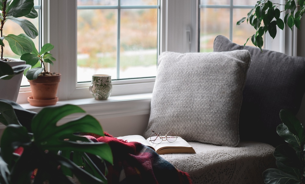 Cozy reading nook surrounded by houseplants with warm throw blanket by a window with no people