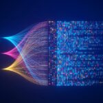 Big data technology and data science illustration. Data flow concept. Querying, analysing, visualizing complex information. Neural network for artificial intelligence. Data mining. Business analytics.