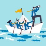 Leadership to lead business in crisis, teamwork or support to achieve target, vision or forward strategy for success concept, businessman leader with binoculars lead business team sailing origami ship