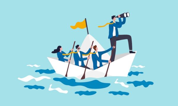 Leadership to lead business in crisis, teamwork or support to achieve target, vision or forward strategy for success concept, businessman leader with binoculars lead business team sailing origami ship