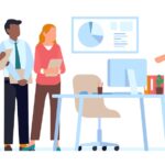 Man is interviewing applicants for vacant position. Hiring manager talking with vacancy candidates. Office work. Company searching workers for hire. Employee recruitment. Vector employment concept