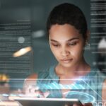 Black woman with tablet, focus and data overlay for erp app innovation, research and programming in future info technology. Futuristic analytics, software and developer for startup business website.