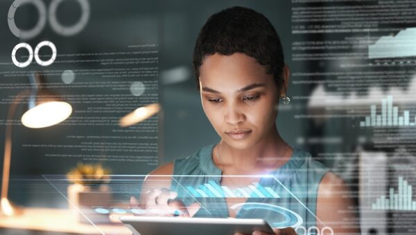 Black woman with tablet, focus and data overlay for erp app innovation, research and programming in future info technology. Futuristic analytics, software and developer for startup business website.