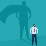 Businessman and shadow superhero. Ambition and success vector concept. Vector illustration.