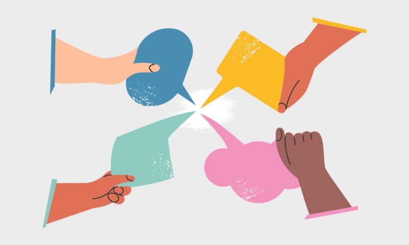 People's hands exchange ideas and holding speech bubble with vote and comment. Team cooperation communicate or collaborate. Diversity multicultural group with talk message cartoon vector illustration