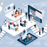 Isometric virtual office with business people working together and mobile devices: business management, online communication and finance concept