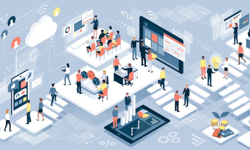 Isometric virtual office with business people working together and mobile devices: business management, online communication and finance concept