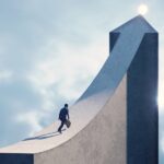 Business man running on arrow shaped bridge to the top light. (3d render)