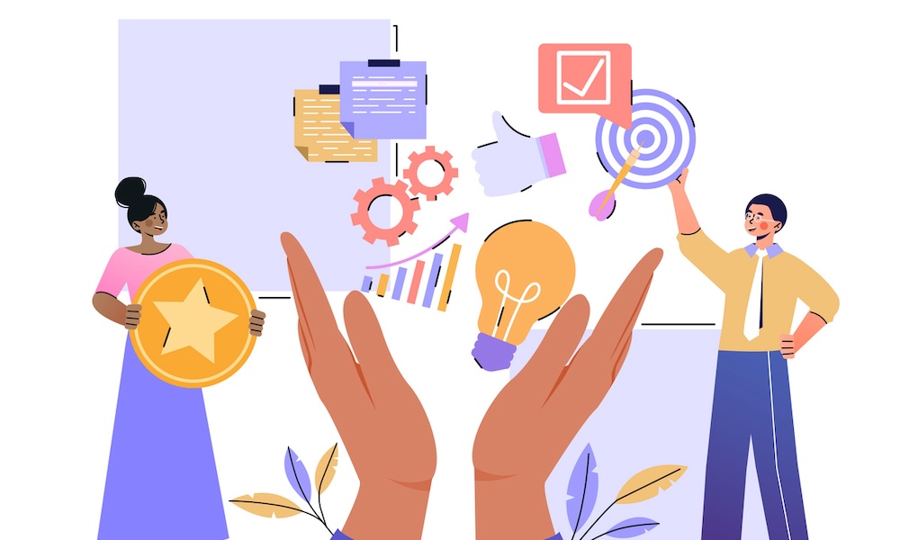 Skills set concept. Level of education and competence of a person to perform a certain job. Large hands with skill icons. Cartoon modern flat vector illustration isolated on a white background