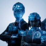 Business and technology concept. Silhouettes of group of businessperson. Human resources.