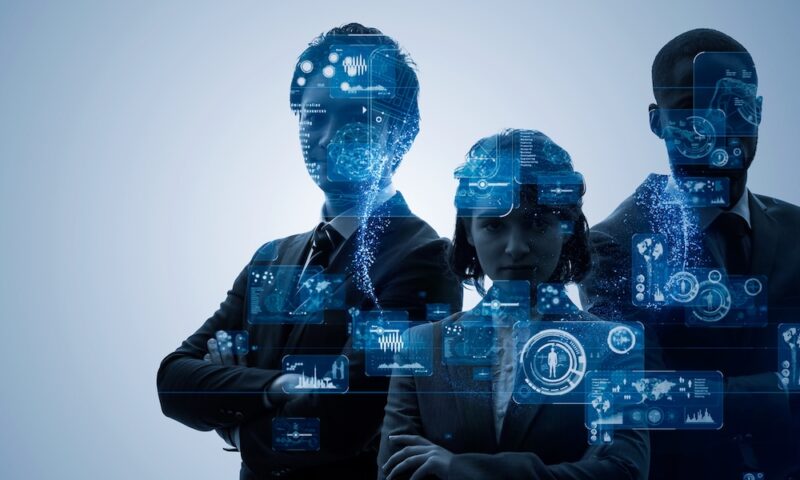 Business and technology concept. Silhouettes of group of businessperson. Human resources.