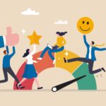 Employee engagement, commitment or motivation to success with company, staff dedication or job satisfaction, productivity or employee recognition, business people employee with stars and happy reward.