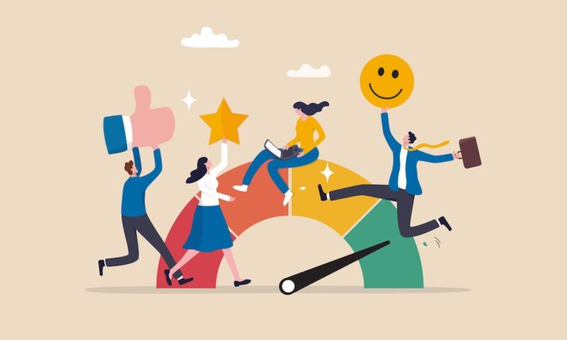 Employee engagement, commitment or motivation to success with company, staff dedication or job satisfaction, productivity or employee recognition, business people employee with stars and happy reward.