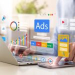 Digital marketing concept, Businessman using laptop with Ads dashboard digital marketing strategy analysis for branding. online advertisement, ad on website and social media. SEO. SMM.