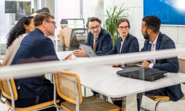 Multiracial governing board meeting at conference table, shot through window. Businessmen and businesswomen planning company strategy, medium shot