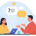 Vector flat modern illustration of a man talking to a young woman with laptop. Isolated on background