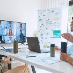 Young group of Asian businesspeople in team meeting, online video conference call on ESG (Environmental, social, corporate governance) discussion. Sustainable business practice, people work at home