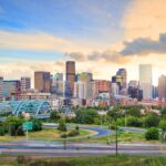 Panorama of Denver skyline long exposure at twilight.