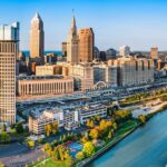 Aerial view of Cleveland, Ohio skyline at sunset. Cleveland is a major city in the U.S. state of Ohio and the county seat of Cuyahoga County.