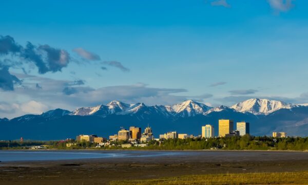 View of Anchorage, Alaska, from Earthquake park at sunset during springtime