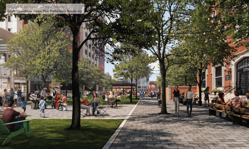 Georgia Street transformed from a four-lane road to a mixed-use pedestrian space with two lanes of traffic in advance of Super Bowl XLVI.