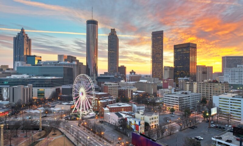 Atlanta, Georgia, USA downtown skyline at dawn.