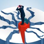 Isometric Businessman standing on top of mountain with multiple cracks, stock market falling, financial crisis or economic bubble burst, investment failure