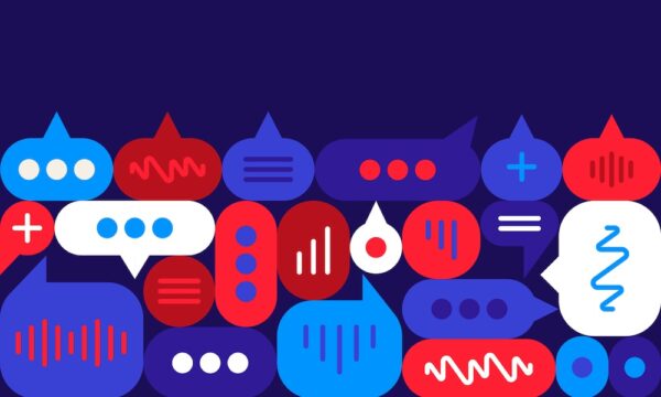 Talking chatting speech bubble communication diversity politics polling survey quote modern abstract background.