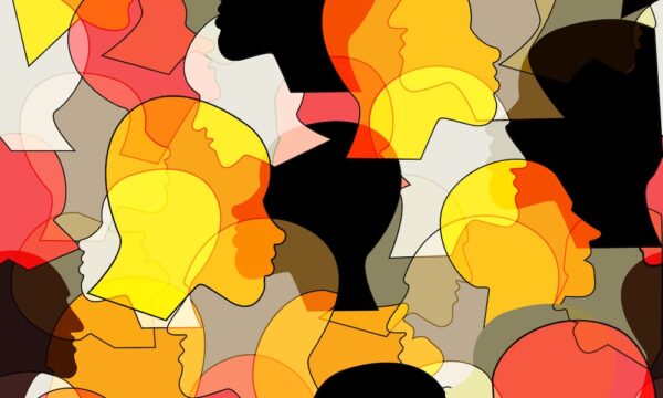 Seamless pattern of a crowd of many different people profile heads from diverse ethnic. Vector background.