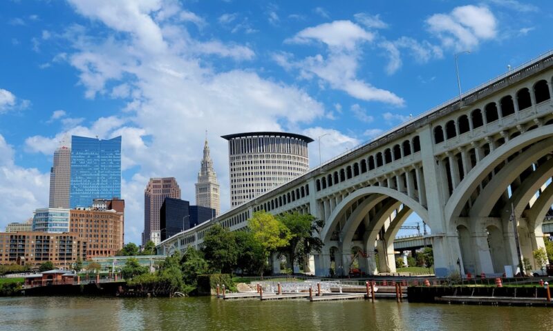 Cleveland Ohio downtown over bridge under cloudy sky