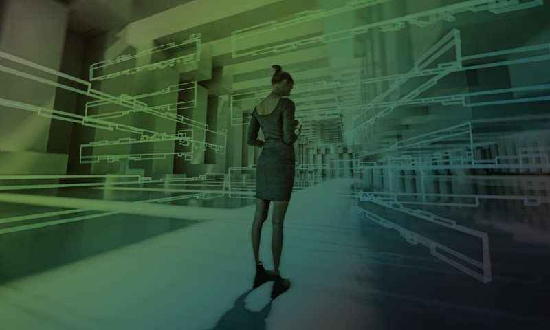 Casual woman standing in futuristic corridor.