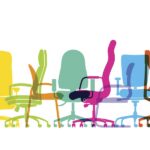 Colorful overlapping silhouettes of office chairs.
