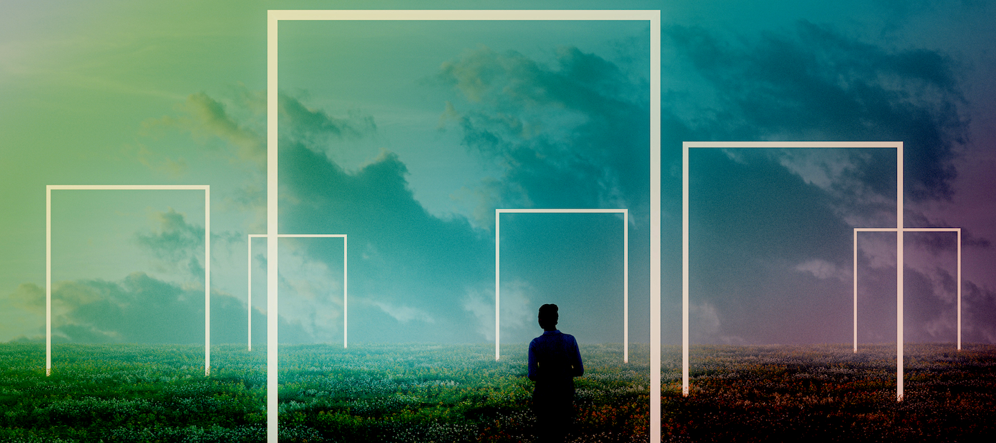 Woman standing in fantasy landscape