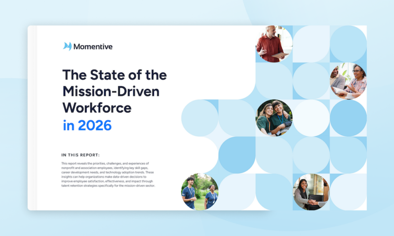 Cover of "The State of the Mission-Driven Workforce in 2026," a report by Momentive. The cover features the report title in bold dark blue text with "in 2026" highlighted in bright blue. A decorative grid of light blue rounded squares and circles fills the right side, interspersed with five circular photos of diverse professionals in workplace and care settings, including healthcare workers, office colleagues, and a person shaking hands. The Momentive logo appears in the upper left corner.