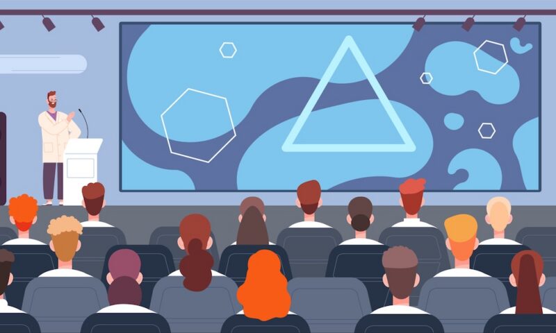 Doctors at medical audience. Speech of speaker medicine at scientific medical conference doctor congress, science seminar, professor lecture auditorium vector illustration. Medical seminar audience