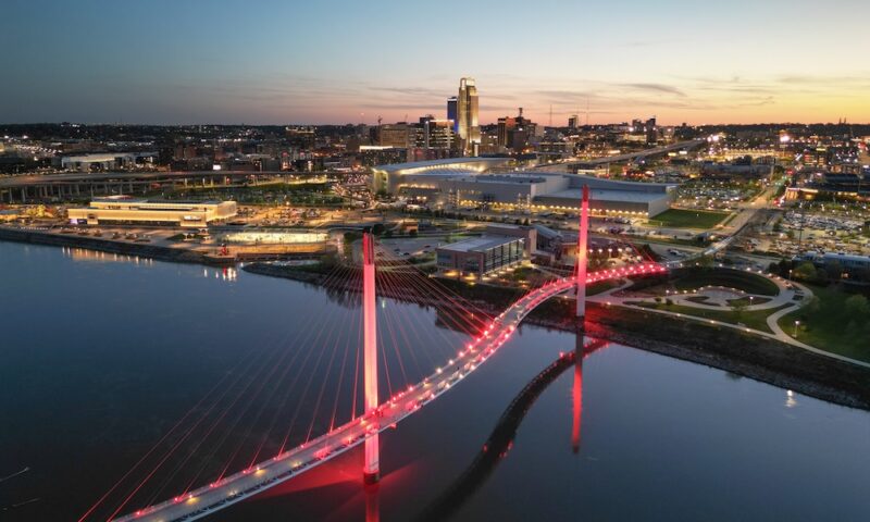 Omaha, Nebraska, USA Skyline on the Missouri River at dusk.