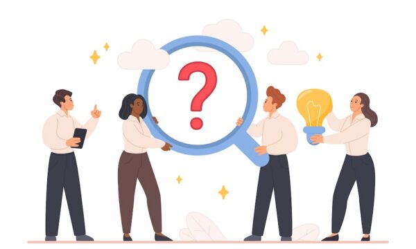 Business team explores a problem with magnifying glass, question mark and light bulb, showing teamwork, analysis, brainstorming and solution search isolated on white background vector illustration