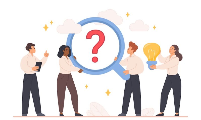 Business team explores a problem with magnifying glass, question mark and light bulb, showing teamwork, analysis, brainstorming and solution search isolated on white background vector illustration
