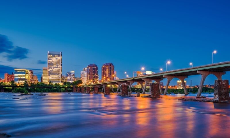 Richmond, Virginia, USA downtown skyline on the James River.